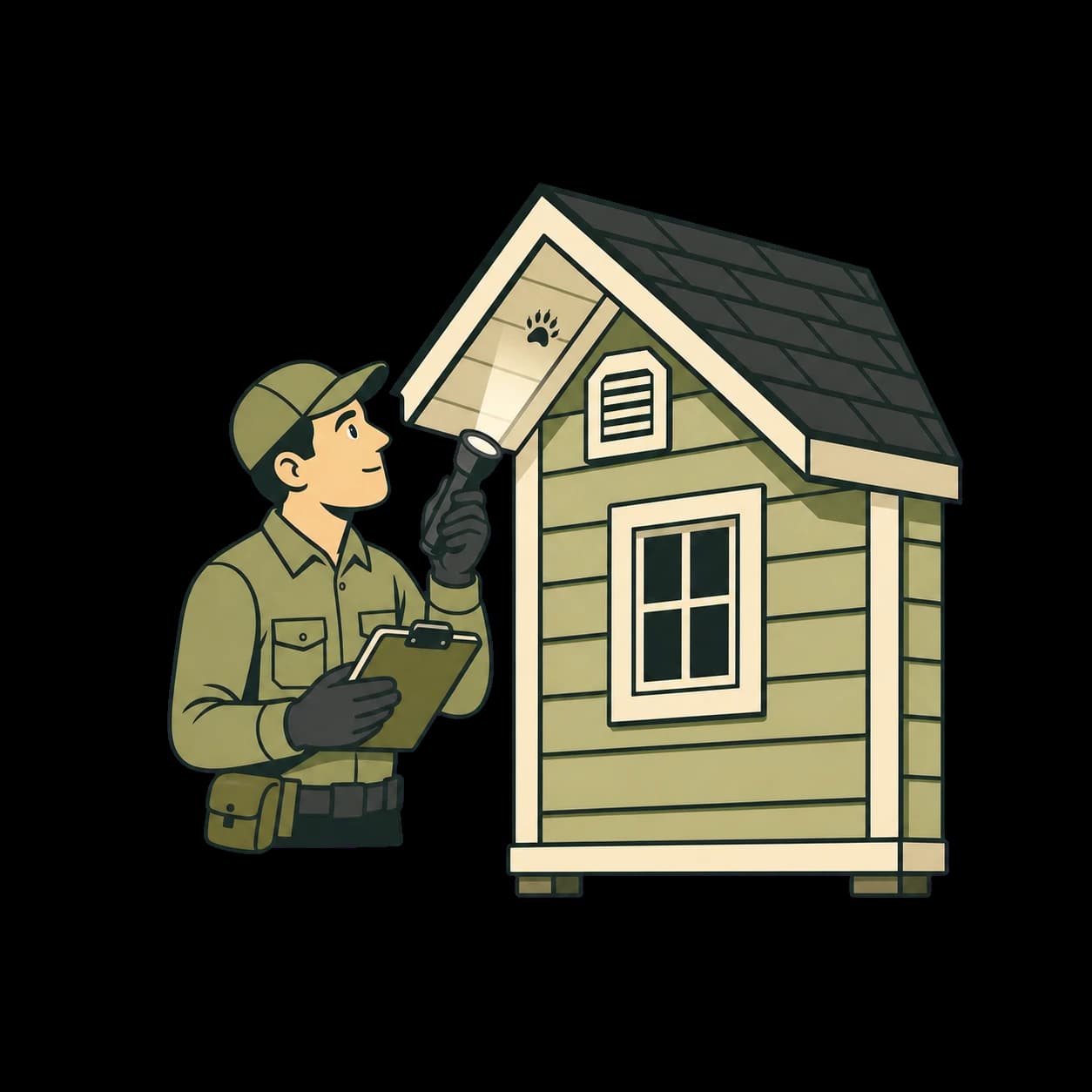 Wildlife technician inspecting a home's roofline with a flashlight and clipboard
