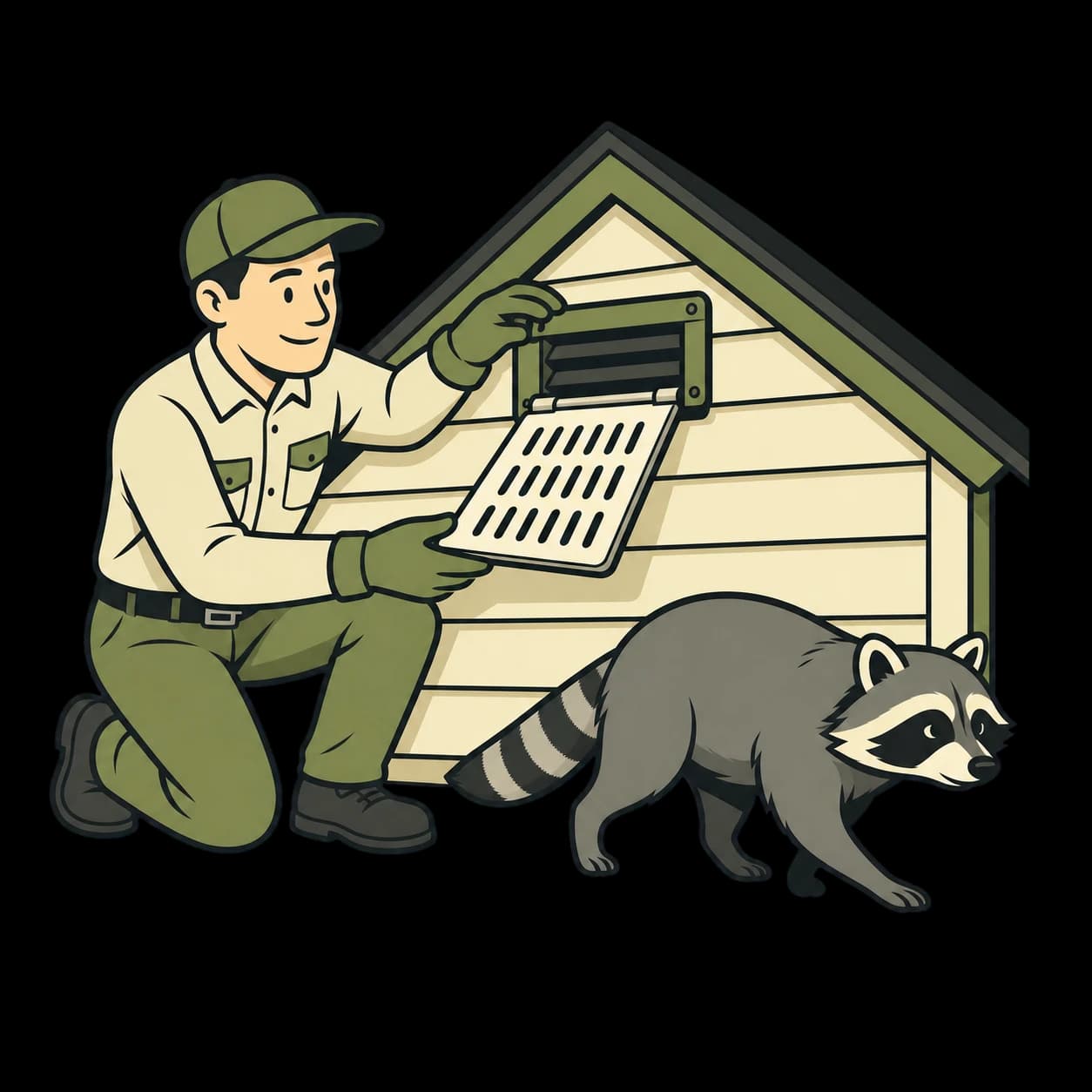 Wildlife technician fitting a humane exclusion device as a raccoon leaves the property